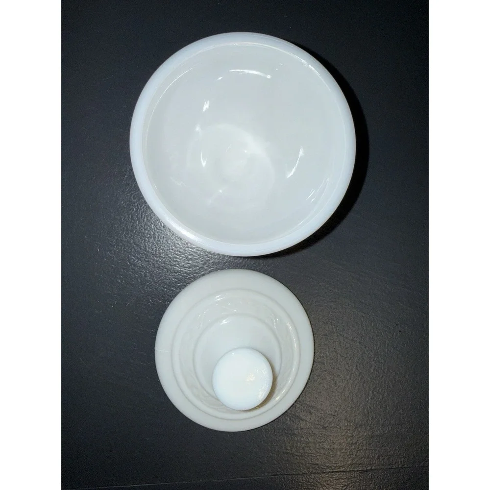 Vintage Milk Glass Lidded Footed Candy Dish Blue Asian Scene Made in Belgium